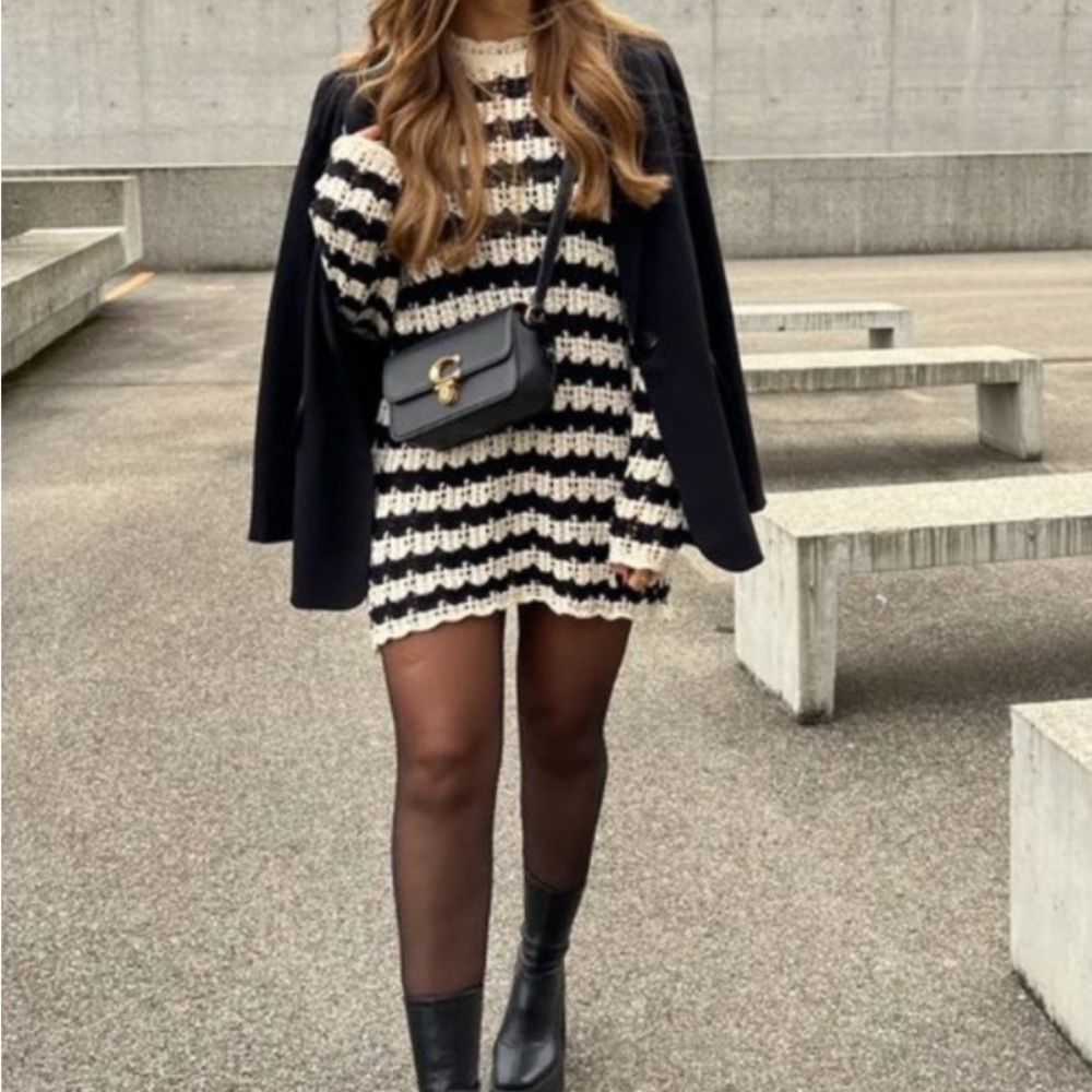 Zara Black and White Pointelle Striped Sweater Dress